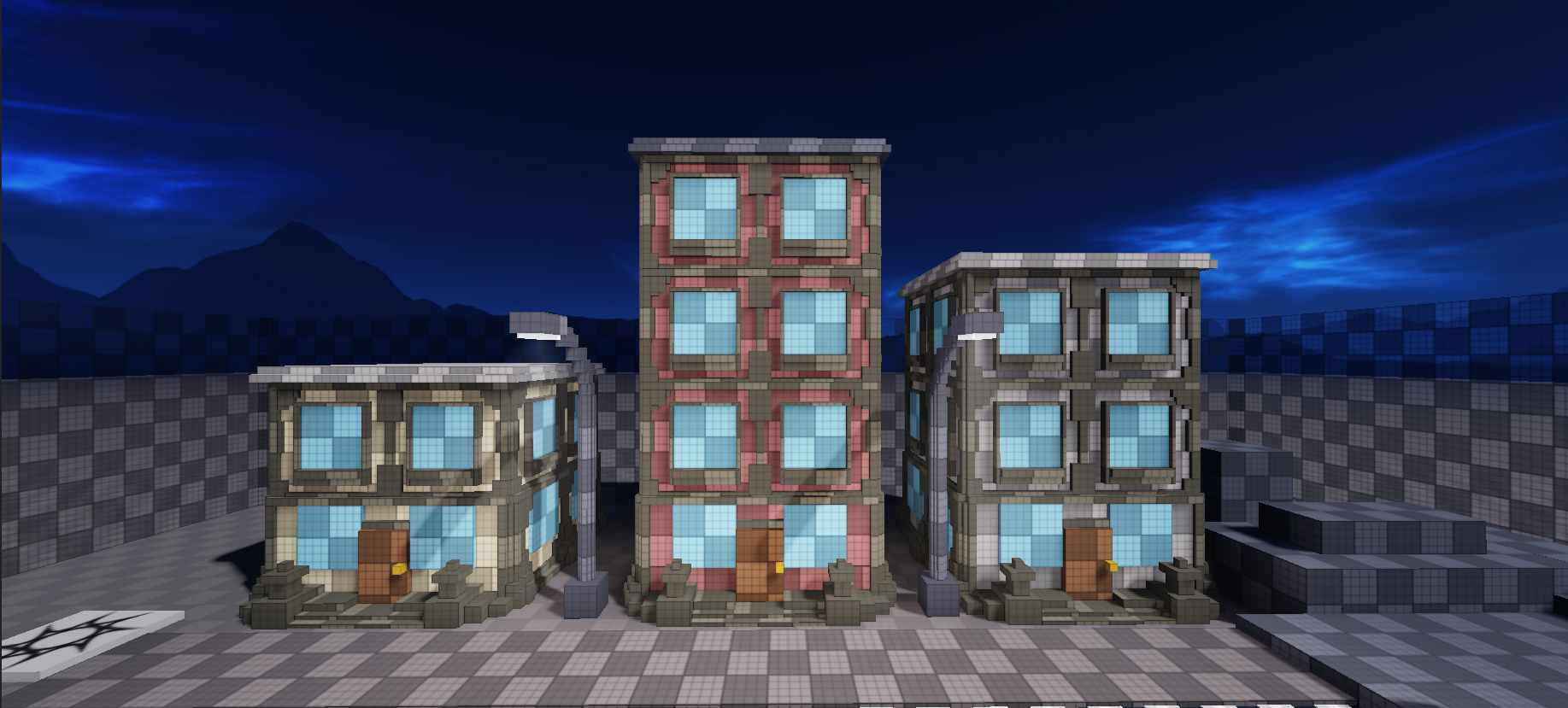Roblox city build with multiple buildings at night