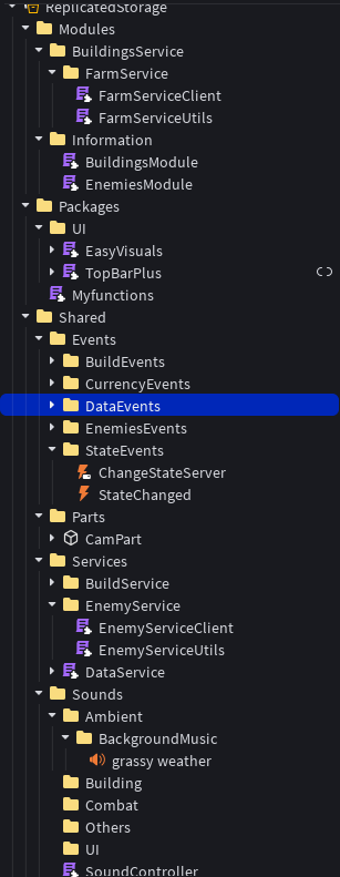Roblox Studio explorer showing organized modules, services, events, and UI folders